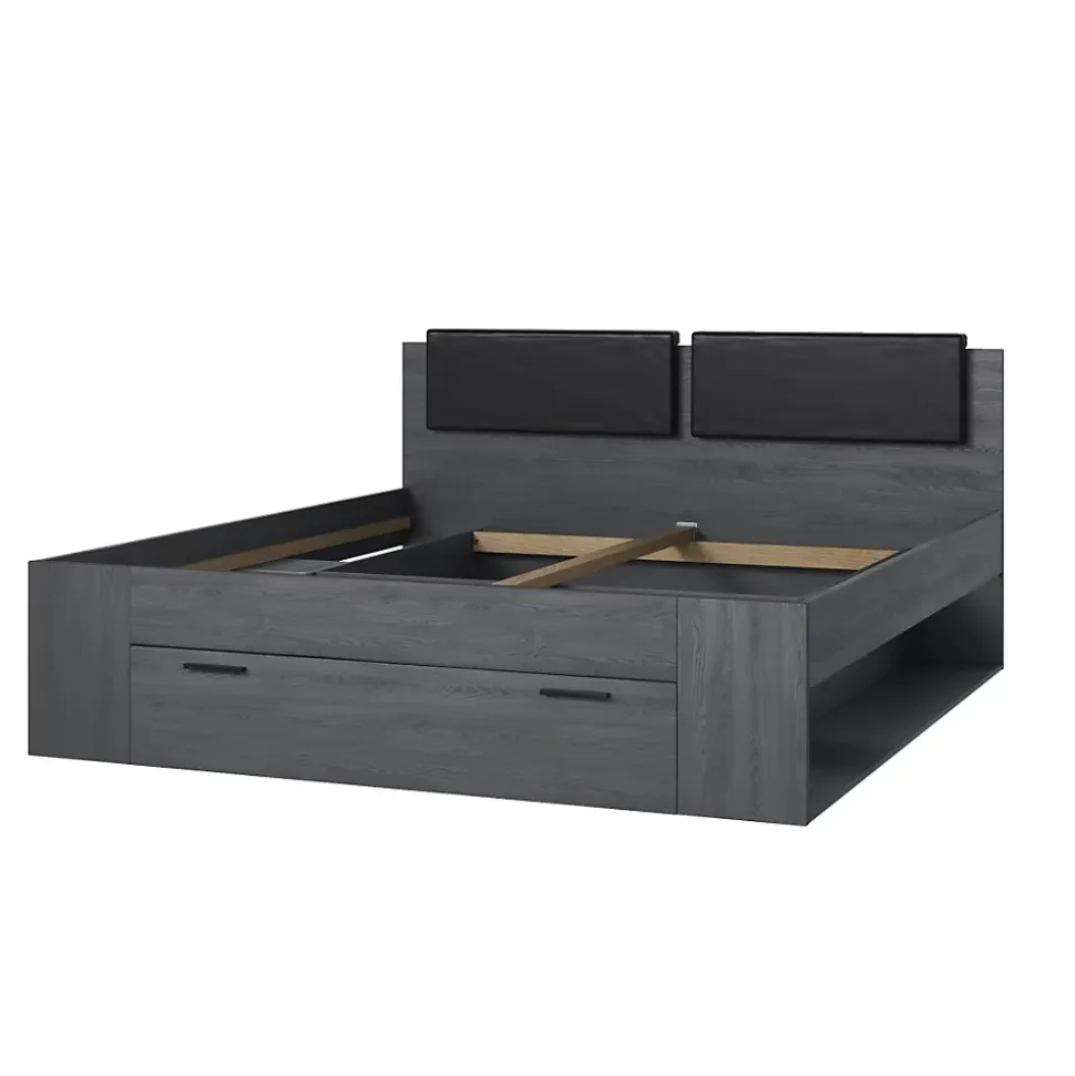 Lit adulte 180x200 avec sommier et tiroirs intégrés - Collection FLOYD. Coloris gris effet bois.