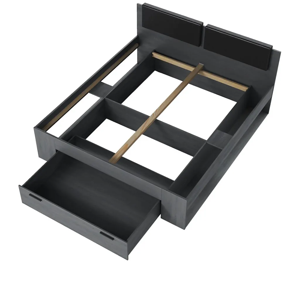 Lit adulte 180x200 avec sommier et tiroirs intégrés - Collection FLOYD. Coloris gris effet bois.