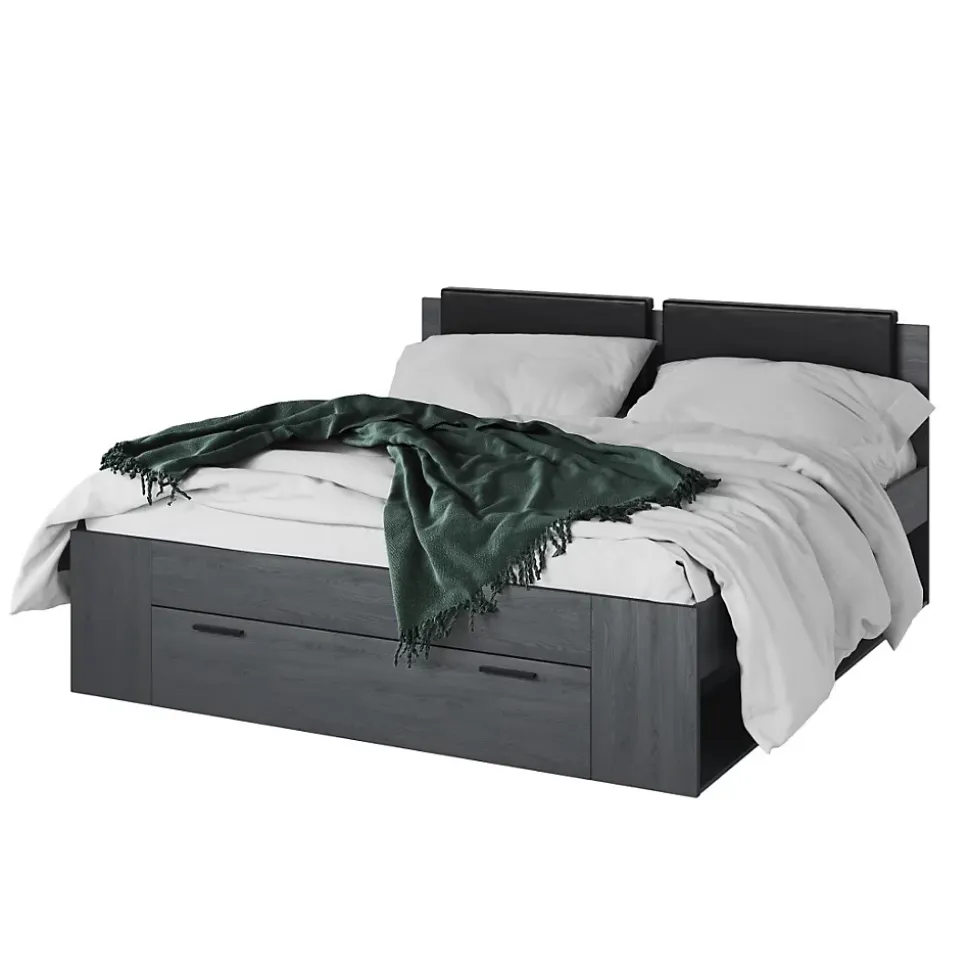 Lit adulte 180x200 avec sommier et tiroirs intégrés - Collection FLOYD. Coloris gris effet bois.