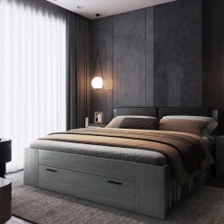 Lit adulte 180x200 avec sommier et tiroirs intégrés - Collection FLOYD. Coloris gris effet bois.