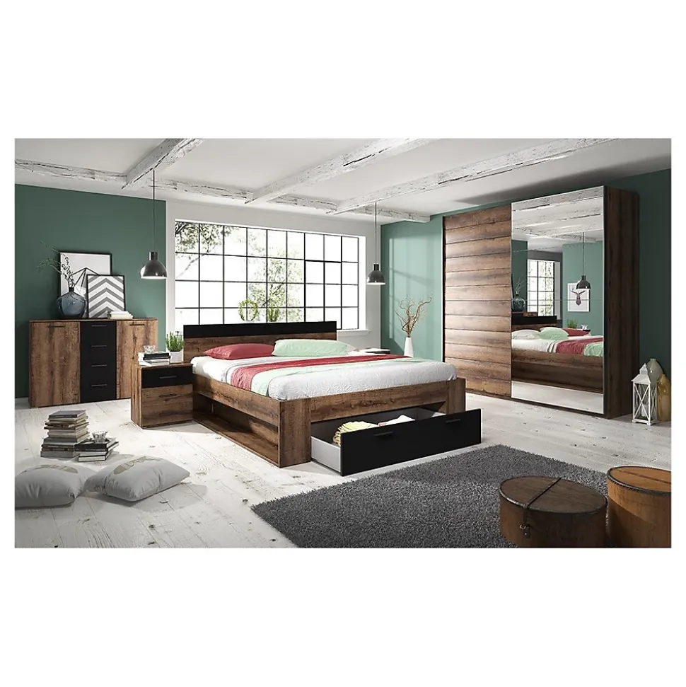 Lit adulte 160x200 avec tiroirs intégrés - Collection EOS. Coloris chene foncé et noir