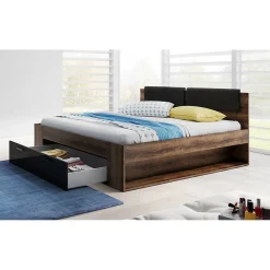 Lit adulte 140x200 avec tiroirs intégrés - Collection FLOYD. Coloris chene foncé et noir