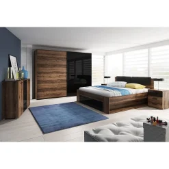 Lit adulte 140x200 avec tiroirs intégrés - Collection FLOYD. Coloris chene foncé et noir