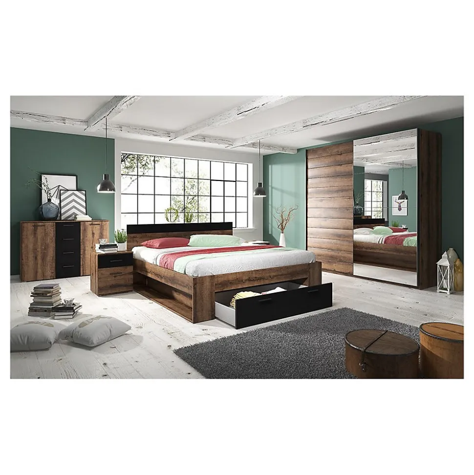 Lit adulte 180x200 avec tiroirs intégrés - Collection EOS. Coloris chene foncé et noir