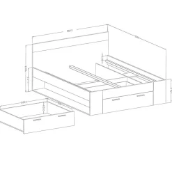 Lit adulte 180x200 avec tiroirs intégrés - Collection EOS. Coloris chene foncé et noir