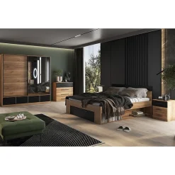 Lit adulte 180x200 avec tiroirs intégrés et sommier. Collection EOS. Coloris chene clair et noir.