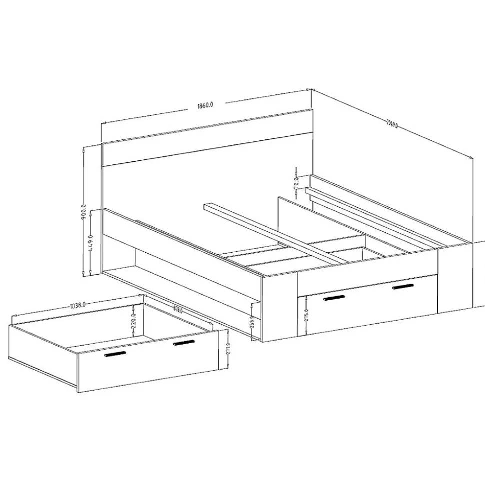Lit adulte 180x200 avec tiroirs intégrés et sommier. Collection EOS. Coloris chene clair et noir.