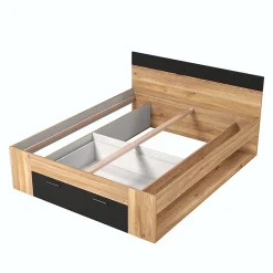 Lit adulte 160x200 avec tiroirs intégrés, sommier inclus, collection EOS, chene clair et noir