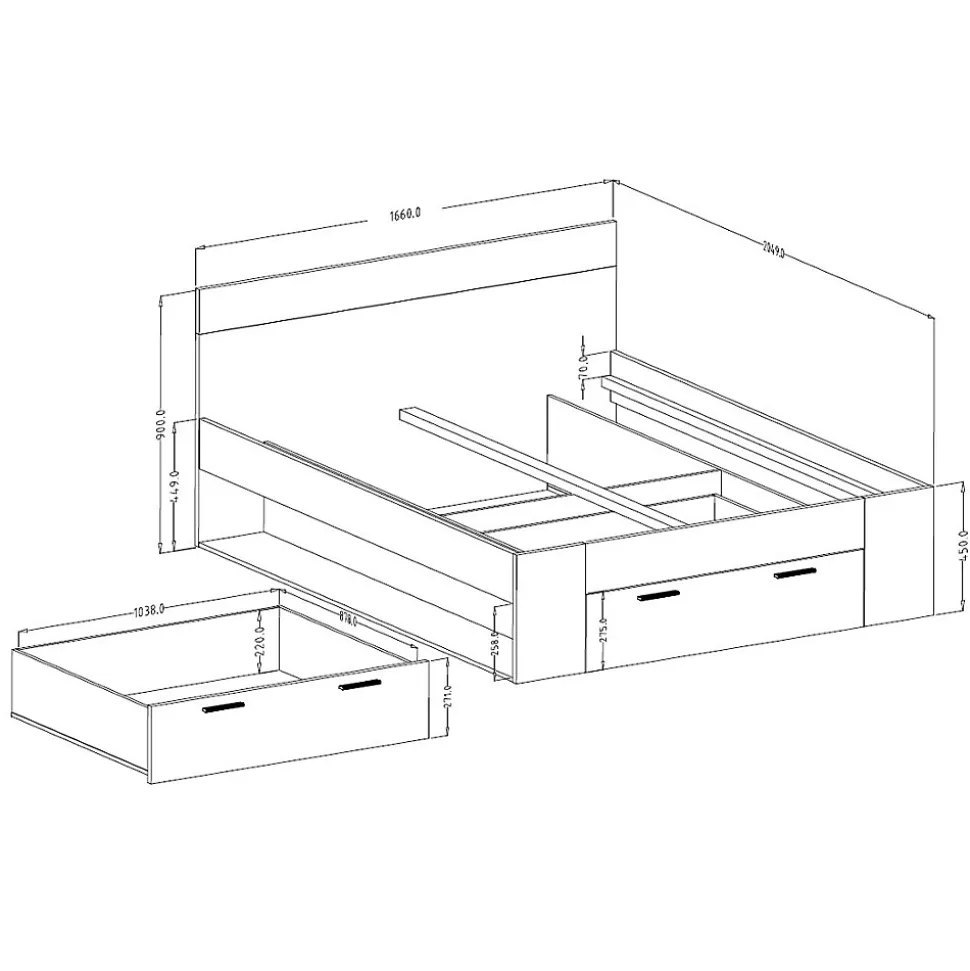 Lit adulte 160x200 avec tiroirs intégrés, sommier inclus, collection EOS, chene clair et noir