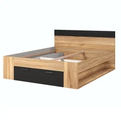 Lit adulte 160x200 avec tiroirs intégrés, sommier inclus, collection EOS, chene clair et noir