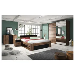 Lit adulte 160x200 avec tiroirs intégrés - Collection EOS. Coloris chene foncé et noir