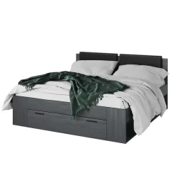 Lit adulte 180x200 avec tiroirs intégrés - Collection FLOYD, Coloris gris effet bois
