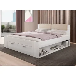 Lit adulte 180x200 avec tiroirs intégrés - Collection FLOYD, Coloris blanc effet bois