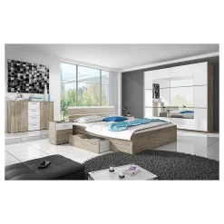 Lit adulte 160x200 avec tiroirs intégrés - Collection EOS. Coloris chene clair et blanc