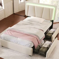 Lit Adulte 90x200 cm avec LED et Tiroirs - Lit Capitonné avec Tête Réglable et Rangement - en Lin Beige, Sans Matelas