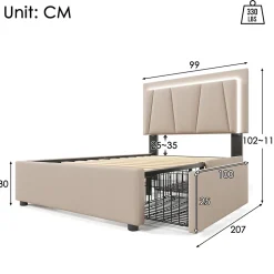 Lit Adulte 90x200 cm avec LED et Tiroirs - Lit Capitonné avec Tête Réglable et Rangement - en Lin Beige, Sans Matelas