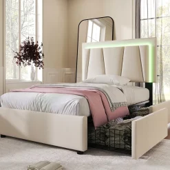 Lit Adulte 90x200 cm avec LED et Tiroirs - Lit Capitonné avec Tête Réglable et Rangement - en Lin Beige, Sans Matelas