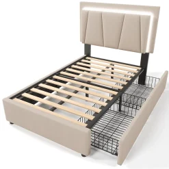 Lit Adulte 90x200 cm avec LED et Tiroirs - Lit Capitonné avec Tête Réglable et Rangement - en Lin Beige, Sans Matelas