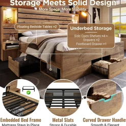 Lit adulte 180x200 cm en bois + MDF - avec table de chevet suspendue - LED + prises chargement - Naturel (sans matelas)