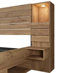 Lit adulte 160x200 cm en bois+MDF - avec table de chevet suspendue - LED + prises chargement - Naturel (sans matelas)