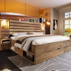 Lit adulte 160x200 cm en bois+MDF - avec table de chevet suspendue - LED + prises chargement - Naturel (sans matelas)