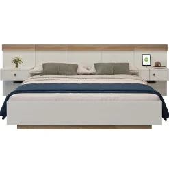 Lit adulte 140x200 cm, lit double avec chevets suspendus, led et prise usb type c, cadre en bois, chêne + blanc (sans matelas)