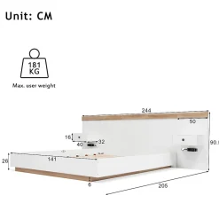 Lit adulte 140x200 cm, lit double avec chevets suspendus, led et prise usb type c, cadre en bois, chêne + blanc (sans matelas)