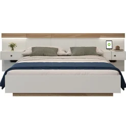 Lit adulte 160x200 cm, lit double avec chevets suspendus, led et prise usb type c, cadre en bois, chêne + blanc (sans matelas)