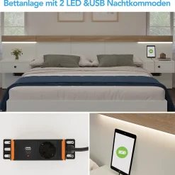 Lit adulte 160x200 cm, lit double avec chevets suspendus, led et prise usb type c, cadre en bois, chêne + blanc (sans matelas)
