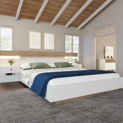 Lit adulte 160x200 cm, lit double avec chevets suspendus, led et prise usb type c, cadre en bois, chêne + blanc (sans matelas)