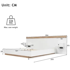 Lit adulte 160x200 cm, lit double avec chevets suspendus, led et prise usb type c, cadre en bois, chêne + blanc (sans matelas)