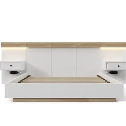 Lit adulte 160x200 cm, lit double avec chevets suspendus, led et prise usb type c, cadre en bois, chêne + blanc (sans matelas)