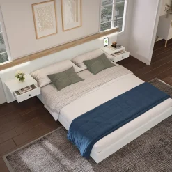 Lit adulte 160x200 cm, lit double avec chevets suspendus, led et prise usb type c, cadre en bois, chêne + blanc (sans matelas)
