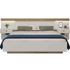 Lit adulte 180x200 cm, lit double avec chevets suspendus, led et prise usb typ c, cadre en bois, chêne + blanc (sans matelas)