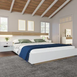 Lit adulte 180x200 cm, lit double avec chevets suspendus, led et prise usb typ c, cadre en bois, chêne + blanc (sans matelas)