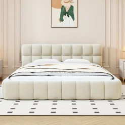 Lit adulte 140x200 cm, lit rembourré en lin, dossier moelleux, sommier à lattes, tête de lit, Beige