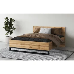 Lit adulte 160x200 style industriel - Collection MILOS. Coloris chene brut et noir. Sommier inclus