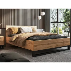Lit adulte 160x200 style industriel - Collection MILOS. Coloris chene brut et noir. Sommier inclus