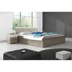 Lit adulte 160x200, tiroirs intégrés et sommier inclus - Collection EOS. Coloris chene clair et blanc