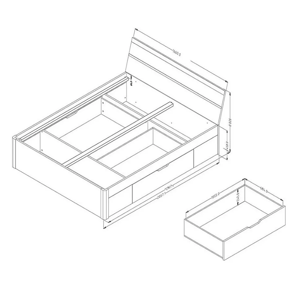 Lit adulte 160x200, tiroirs intégrés et sommier inclus - Collection EOS. Coloris chene clair et blanc