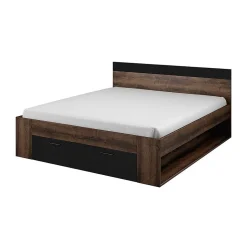Lit adulte 180x200, tiroirs intégrés et sommier inclus - Collection EOS. Coloris chene foncé et noir