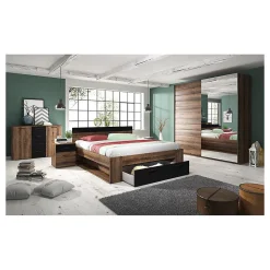 Lit adulte 180x200, tiroirs intégrés et sommier inclus - Collection EOS. Coloris chene foncé et noir