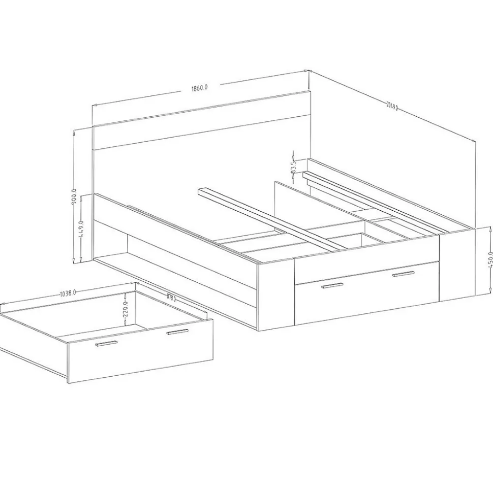 Lit adulte 180x200, tiroirs intégrés et sommier inclus - Collection EOS. Coloris chene foncé et noir