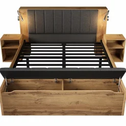Lit adulte 180x200cm - lampe de lecture+prises chargement+banquette de rangement - 2 tables de chevet - Naturel (sans matelas)