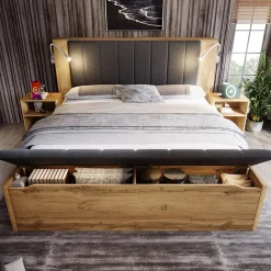Lit adulte 180x200cm - lampe de lecture+prises chargement+banquette de rangement - 2 tables de chevet - Naturel (sans matelas)