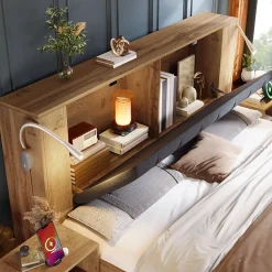 Lit adulte 180x200cm - lampe de lecture+prises chargement+banquette de rangement - 2 tables de chevet - Naturel (sans matelas)