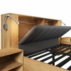 Lit adulte 180x200cm - lampe de lecture+prises chargement+banquette de rangement - 2 tables de chevet - Naturel (sans matelas)
