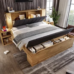 Lit adulte 160x200cm - lampe de lecture+prises chargement+banquette de rangement - 2 tables de chevet - Naturel (sans matelas)