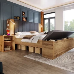 Lit adulte 160x200cm - lampe de lecture+prises chargement+banquette de rangement - 2 tables de chevet - Naturel (sans matelas)