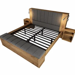 Lit adulte 160x200cm - lampe de lecture+prises chargement+banquette de rangement - 2 tables de chevet - Naturel (sans matelas)